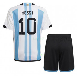 Camiseta Messi 10 Argentina 1ª Equipación 2022 Mundial 3 Estrellas Niño Kit