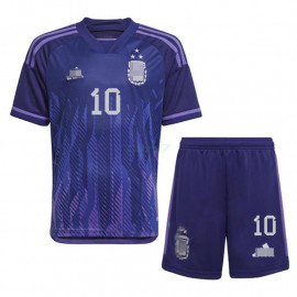 Camiseta Messi 10 Argentina 2ª Equipación 2022 Mundial 3 Estrellas Niño Kit